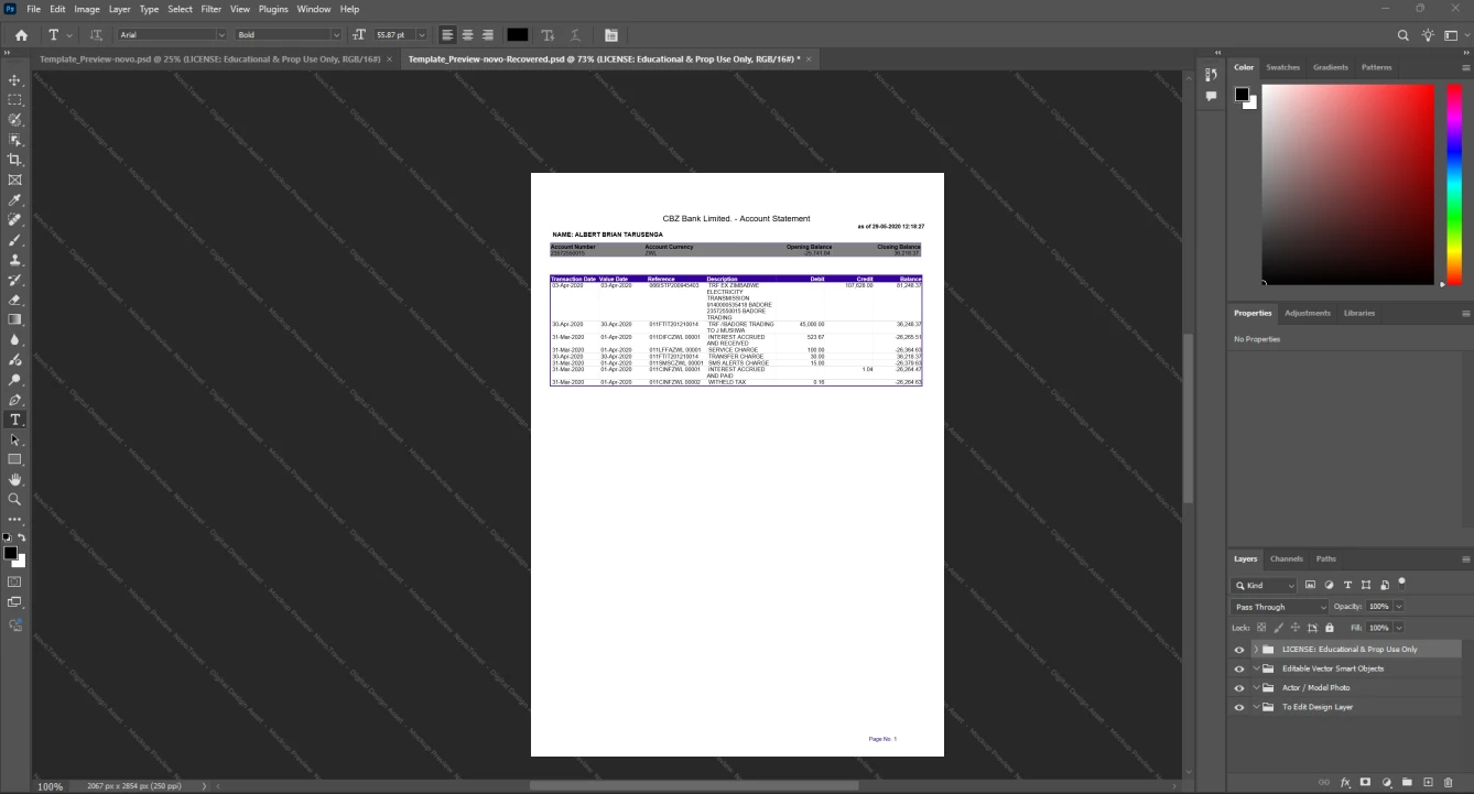 Zimbabwe CBZ Bank Limited Bank Statement Template, Corporate style document in Word and PDF formats